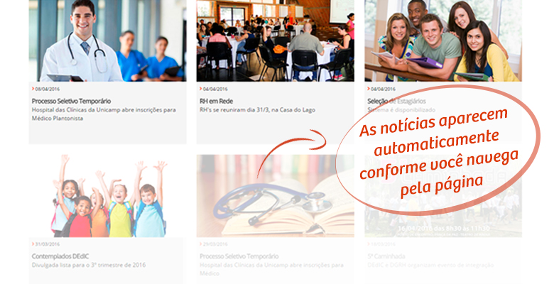 As notícias aparecem automaticamente conforme você navega pela página
